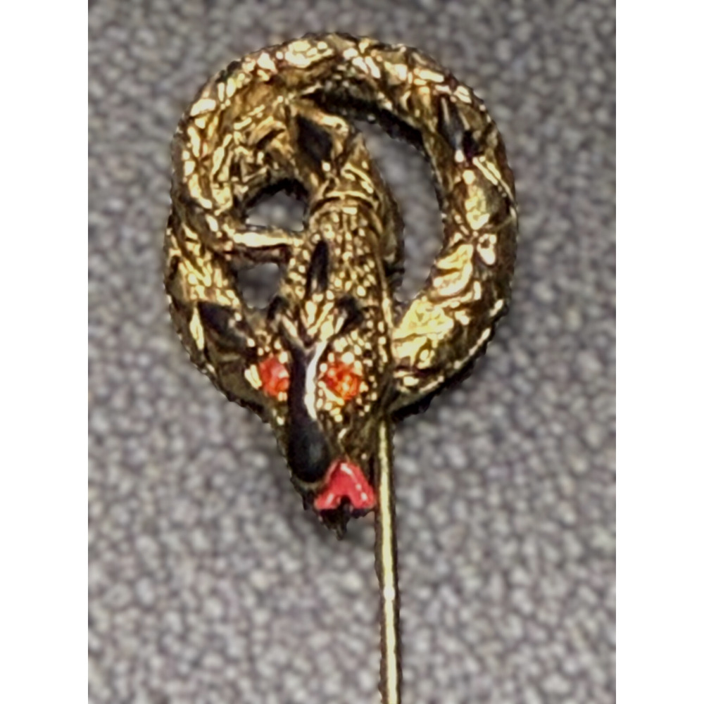 Vintage Signed ART Gold Tone Rhinestone Snake Serpent Brooch Hat Pin Cabochon - Picture 5 of 8